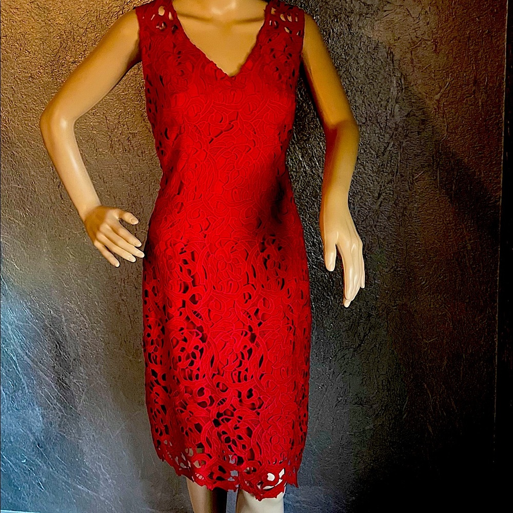 NWT Tahari Cardinal Red Lace Overlay Sheath